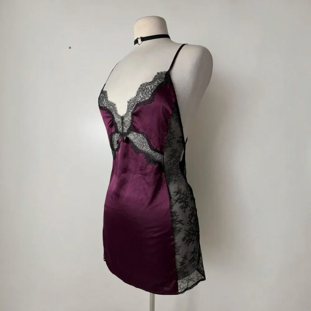 Victoria's Secret Burgundy Satin Lace Slip Dress Open Back Y2K Coquette Small